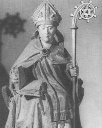 Sitzender Lambertus mit Buch und Bischofsstab aus Blicquy um 1480