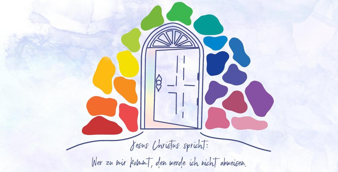 Offene Tür umgeben von Regenbogenfarben; Jahreslosung 2022