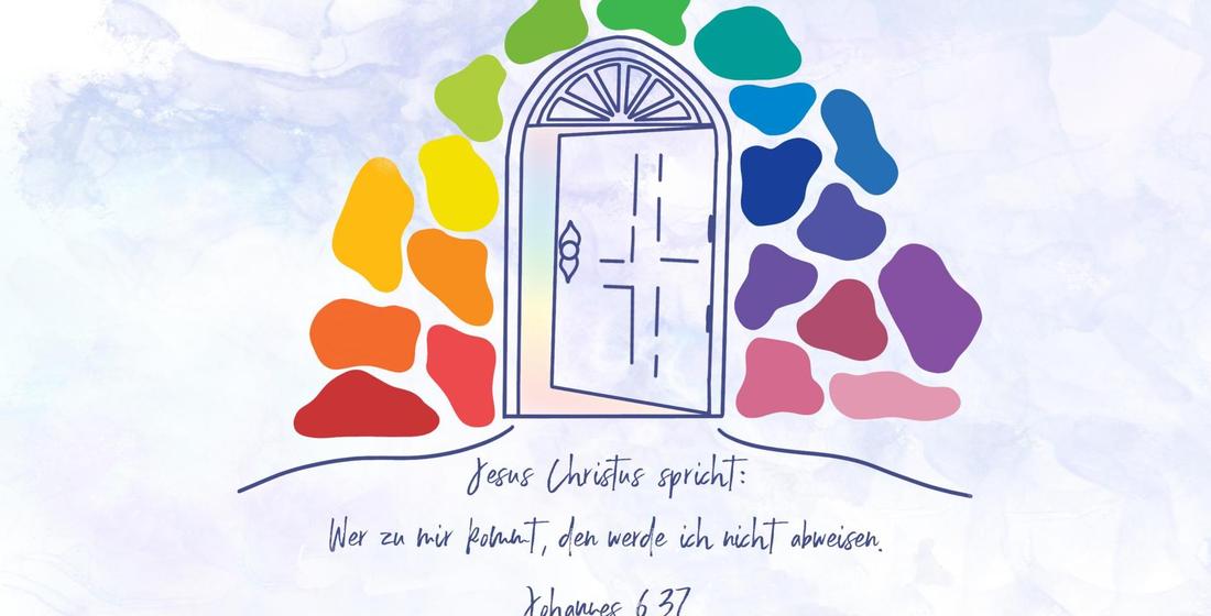  gezeichnete offene Tür umgeben von Regenbogenfarben mit der Jahreslosung von 2022